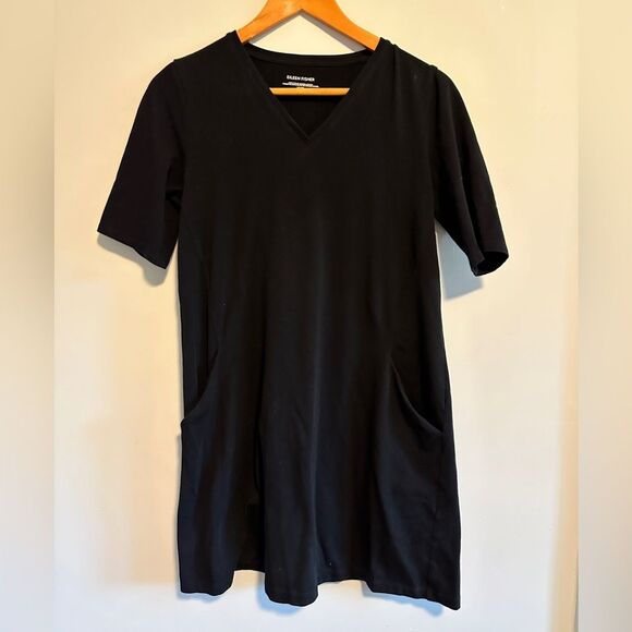 Eileen Fisher Jersey Cotton Black V-Neck Short Sleeve Pocket Dress XS - Picture 2 of 8